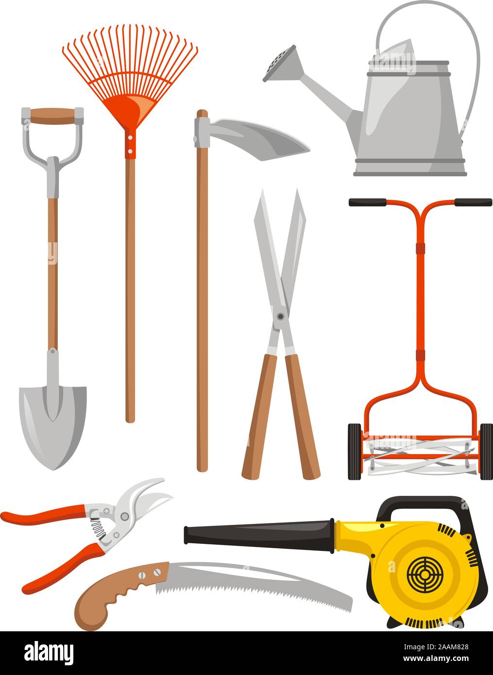 Gardening Equipment, such us: lawn rake, spade, long handled shears, rake,  hand fork, gardening gloves, wheelbarrow, pruners, trowel, leaf vacuum, wat  Stock Vector Image & Art - Alamy