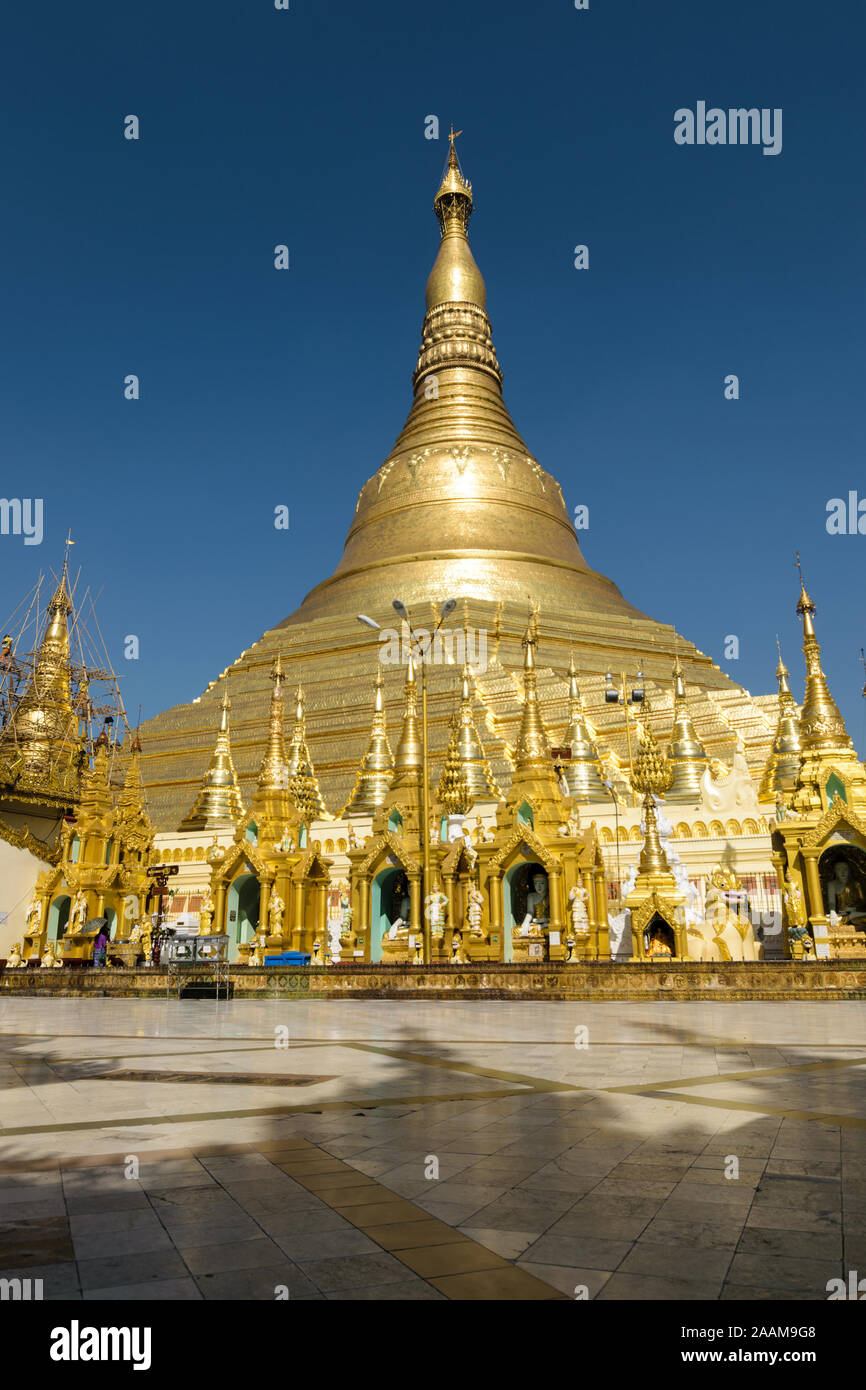 Shwedagon pagoda in Yangon (Rangoon) in Myanmar (Burma) in the afternoon. This is the most sacred place for the buddhists in Myanmar. Stock Photo