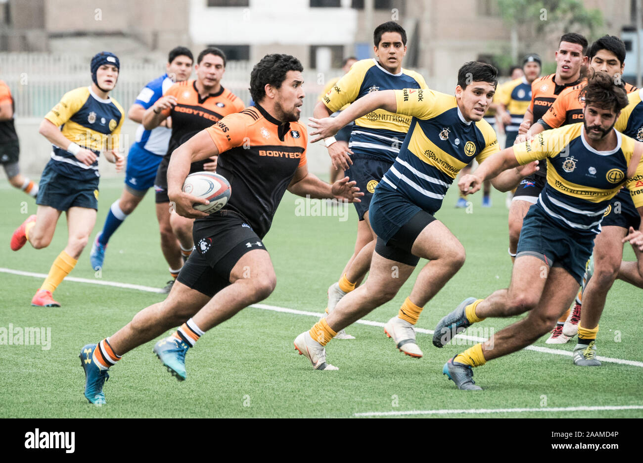 Lima, Peru-November 17, 2019: Lima Rugby Club vs. Navy Warriors held at Andres Avelino Caceres Stadium. Stock Photo