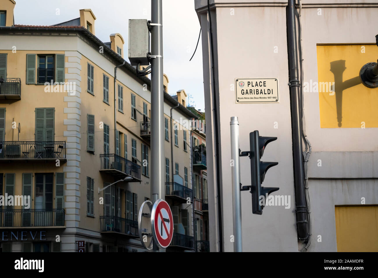 A street marker sign for the popular Place Garibaldi in the Old Town area of Nice, France. Stock Photo