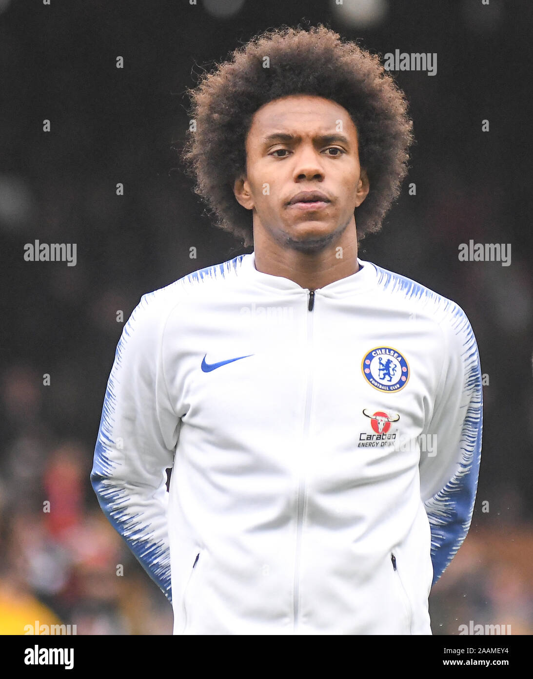 LONDON, ENGLAND - MARCH 3, 2019: Willian Borges da Silva of Chelsea pictured ahead of the 2018/19 Premier League game between Fulham FC and Chelsea FC at Craven Cottage. Stock Photo