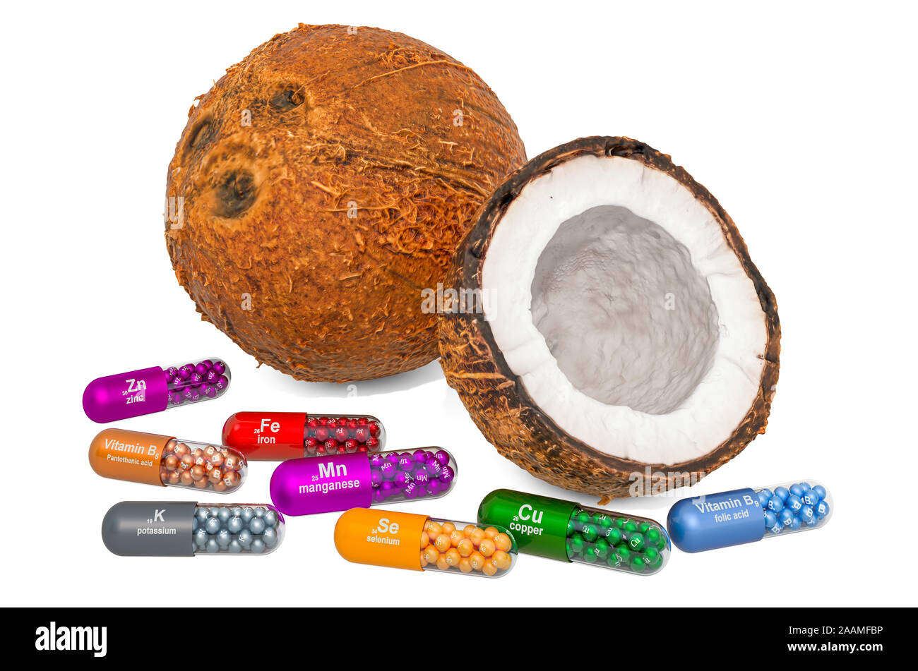 Vitamins and minerals of coconut, 3D rendering isolated on white
