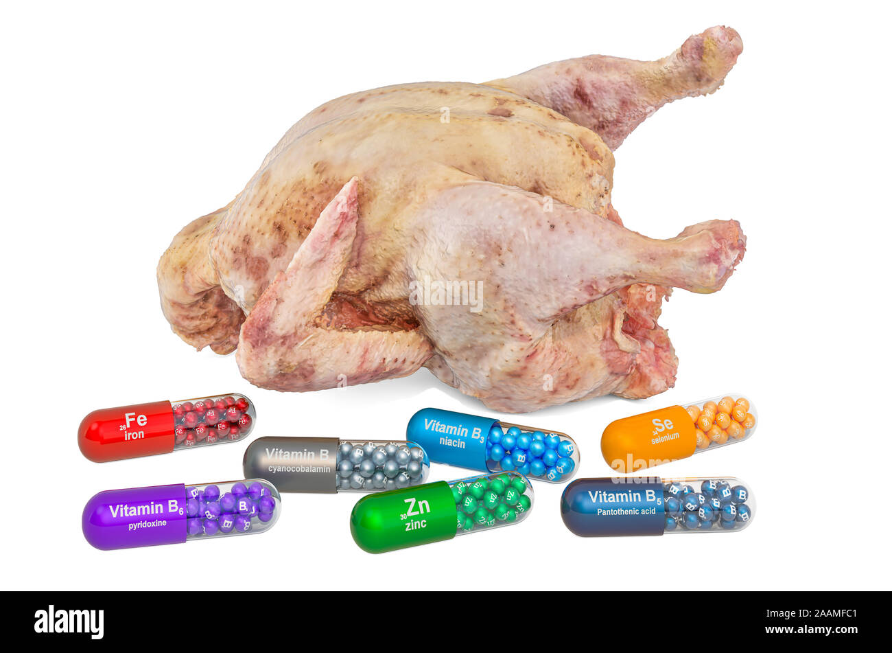 Vitamins and minerals of chicken or hen, 3D rendering isolated on white