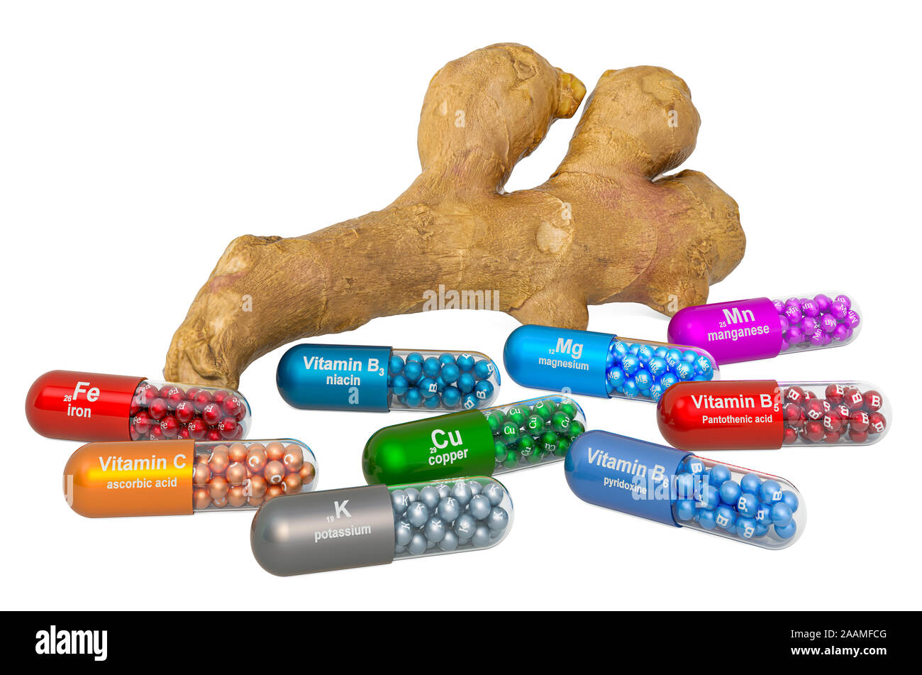 Vitamins and minerals of ginger root, 3D rendering isolated on white