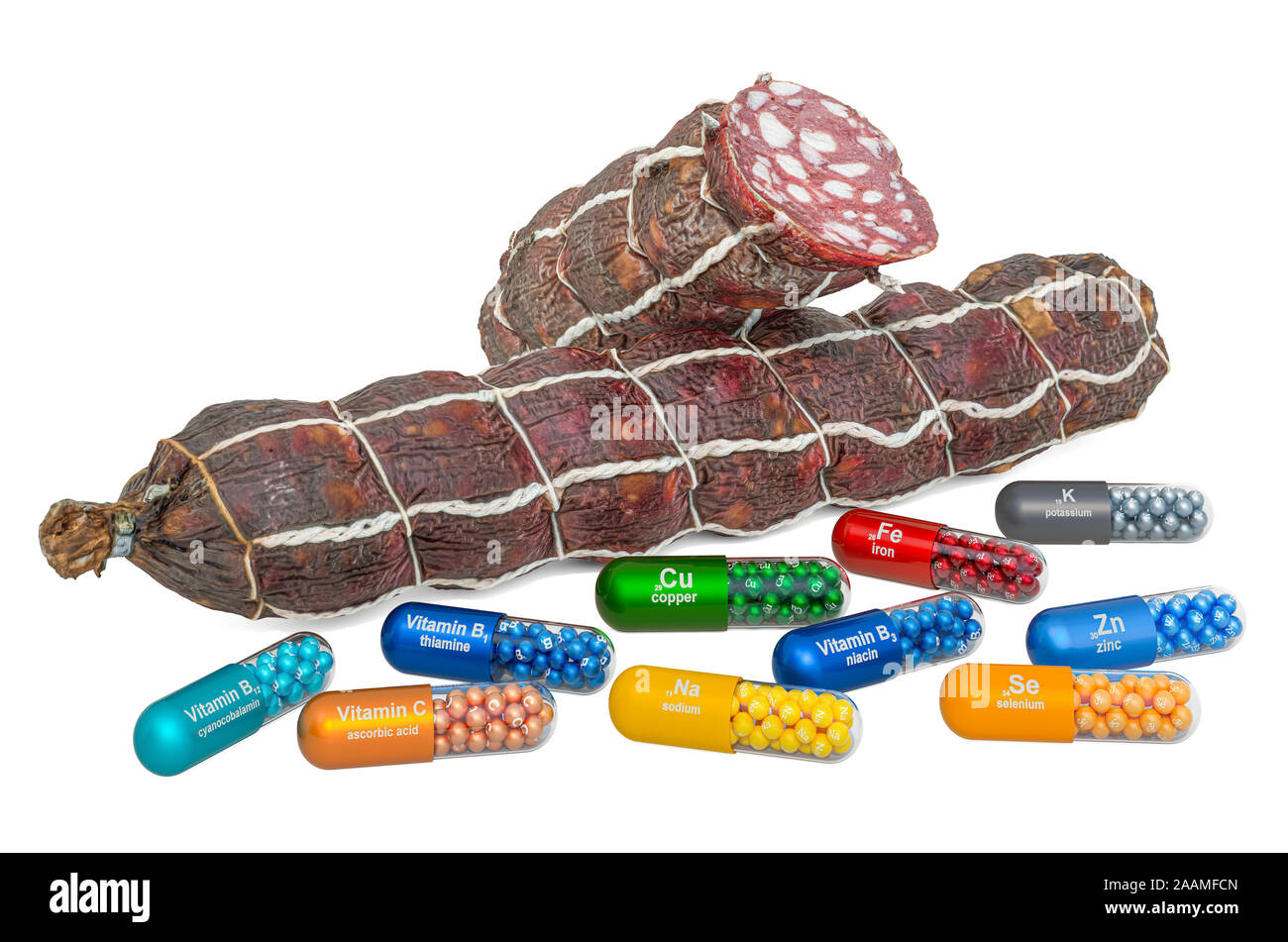Vitamins and minerals of dry sausage, 3D rendering isolated on white