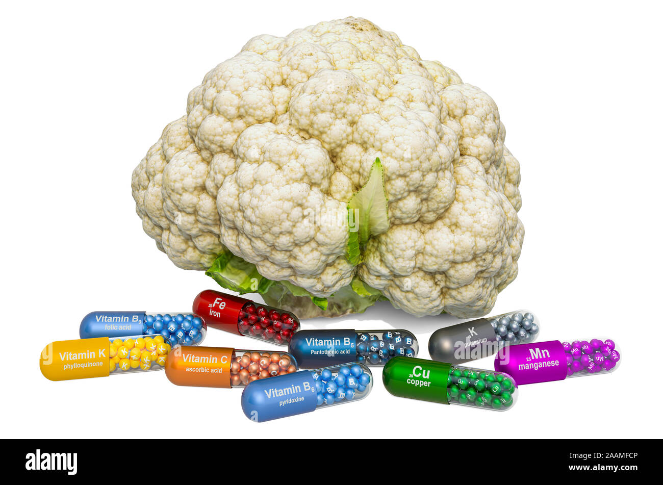 Vitamins and minerals of cauliflower, 3D rendering isolated on white