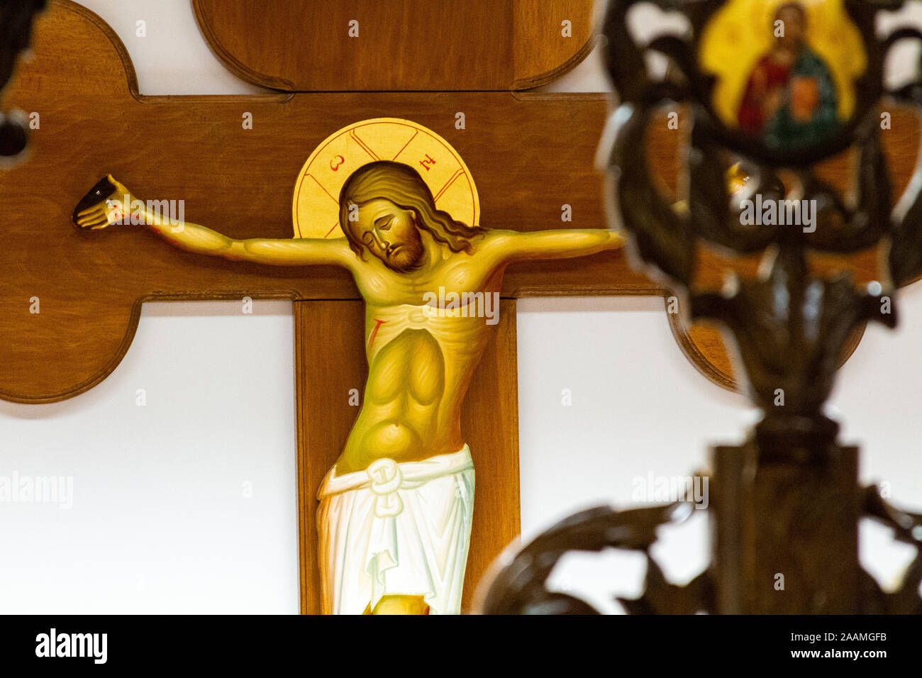 Icon of Jesus Christ on the cross. Orthodox Chapel at the Brussels Zaventem Airport. Stock Photo