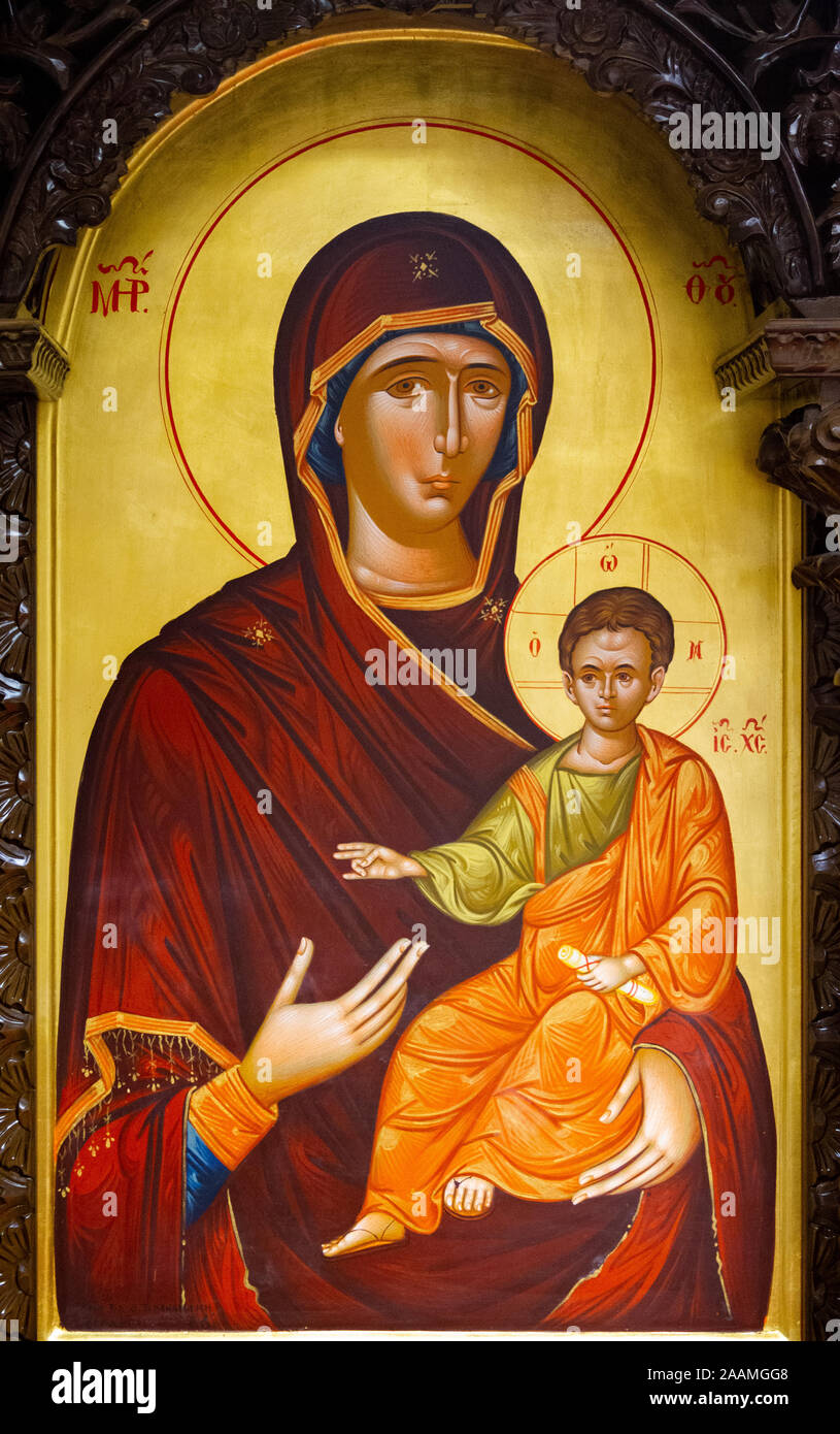 The icon of the Virgin Hodegetria (Our Lady of the Way). Orthodox Chapel at the Brussels Zaventem Airport. Stock Photo