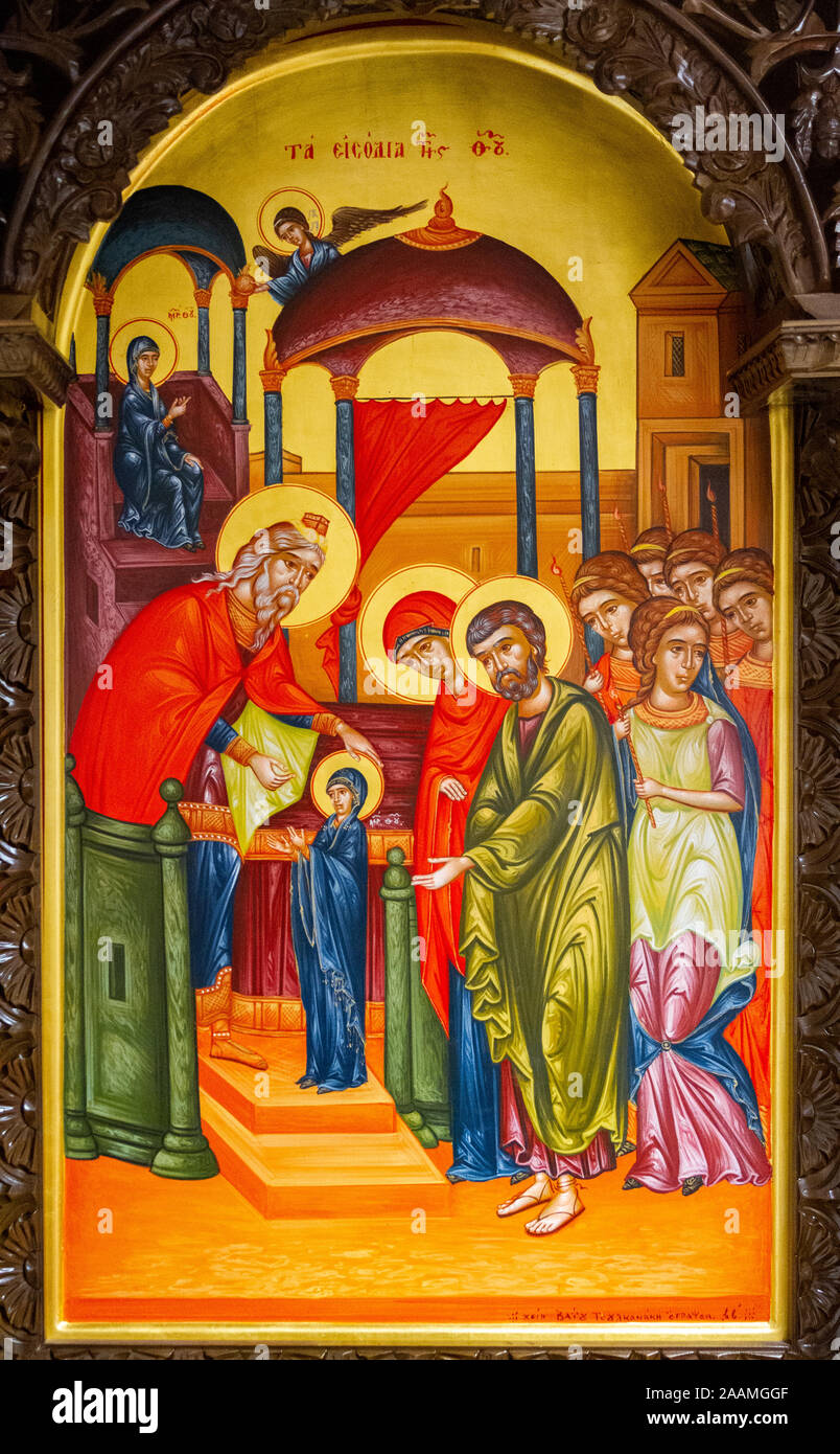 Icon of the Entrance (Presentation) of the Theotokos into the Temple. Orthodox Chapel at the Brussels Zaventem Airport. Stock Photo