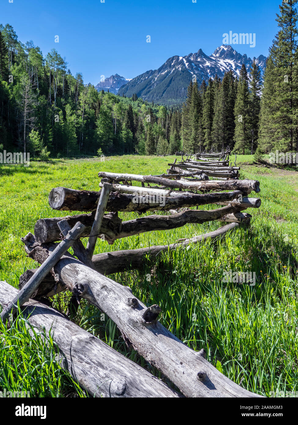 Log fence, Dallas Creek Road, County Road 7, San Juan Mountains near Ridgway, Colorado. Stock Photo