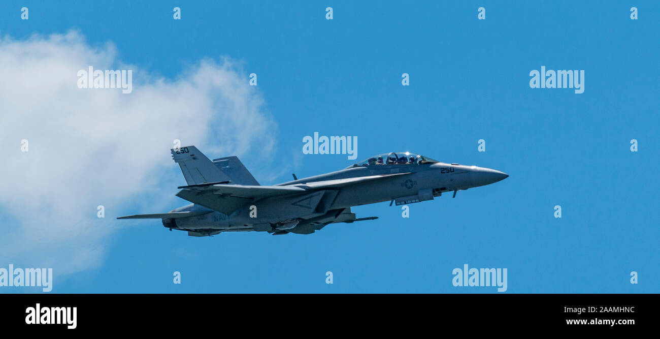 Wantaugh, New York, USA - 24 May 2019: The United States Navy FA-18 Super Hornet tactical demonstration team performing at Jones Beach on Memorial Day Stock Photo