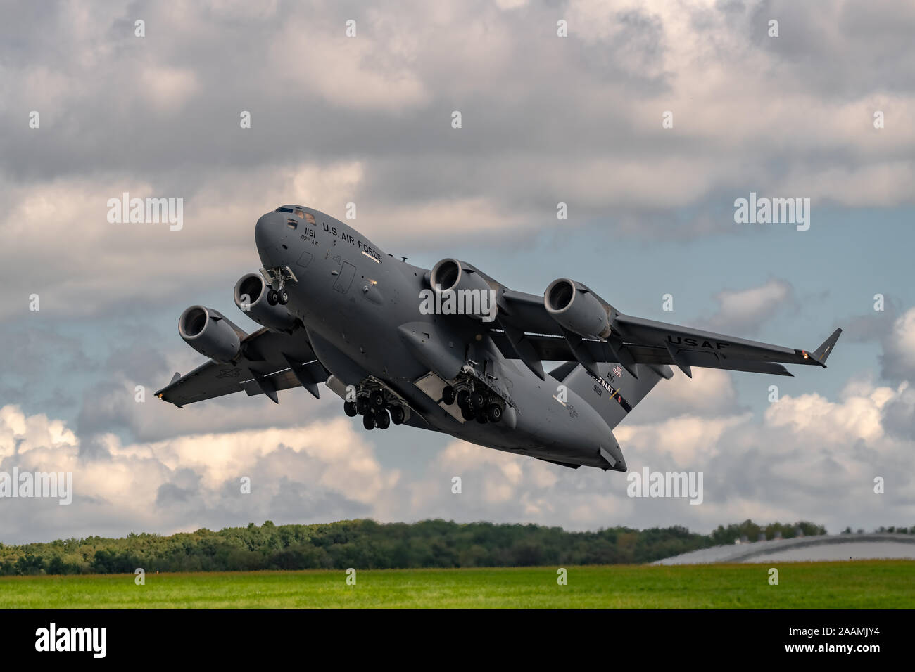 NEW WINDSOR, NY - SEPTEMBER 15, 2018: Giant C-17 Globemaster III taking off at Stewart International Airport during the New York Airshow. Stock Photo