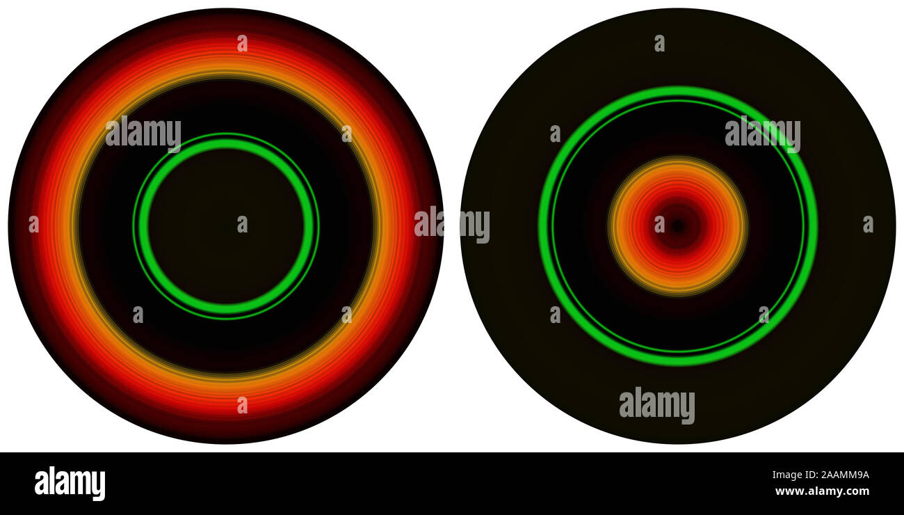 Set of 2 bright abstract colorful circles isolated on white background. Circular lines , radial striped texture in orange, green and black tones. Stock Photo