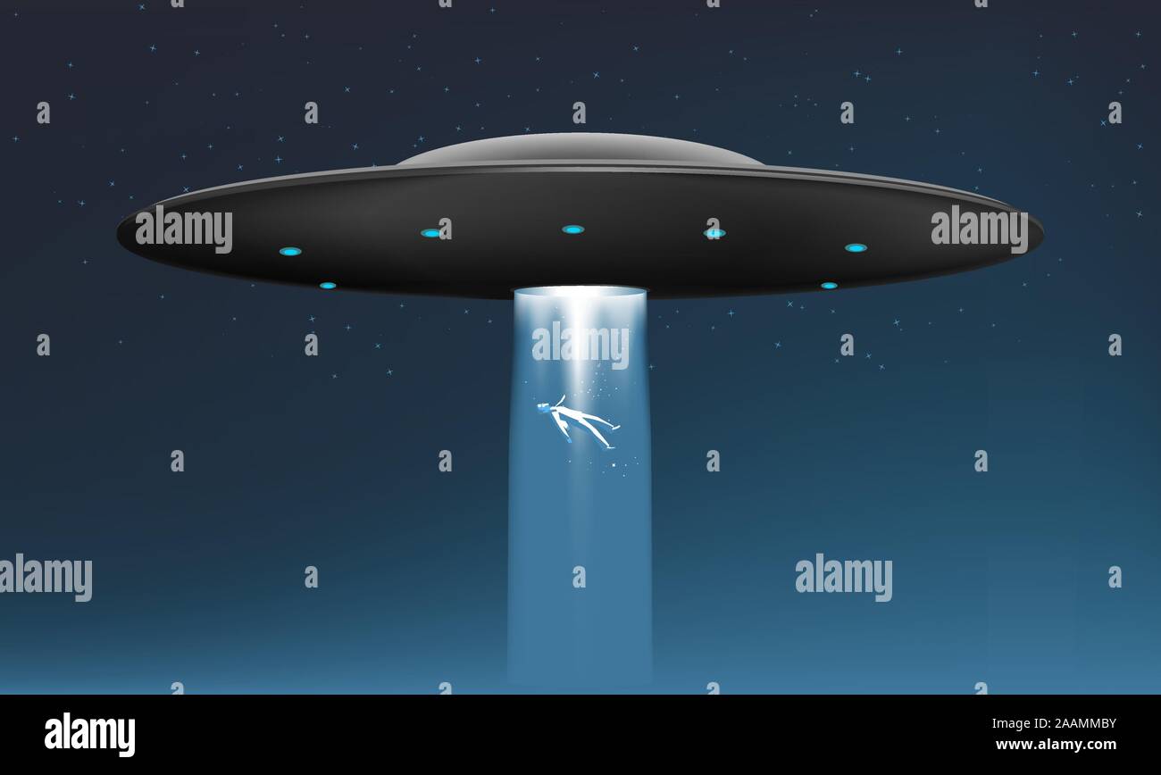 Midnight Alien UFO abduction Ship with Flying human body vector illustration. Stock Vector