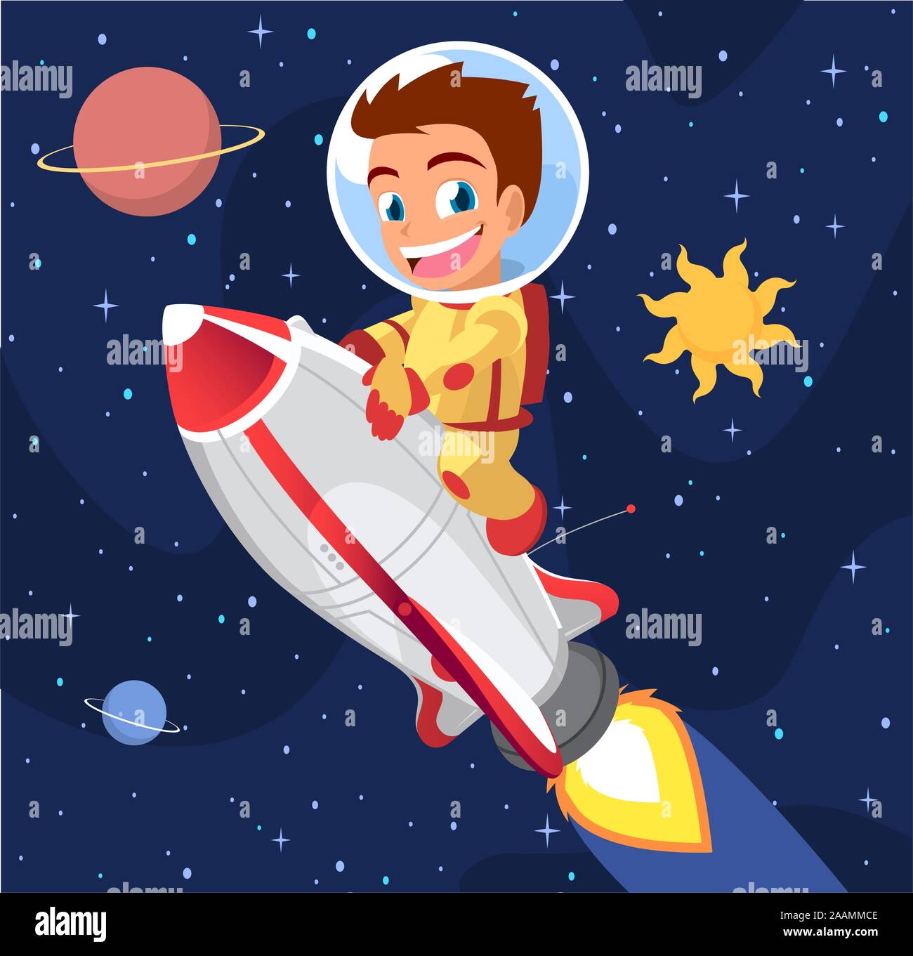 Astronaut Boy on Space Rocket Vector Illustration. Stock Vector