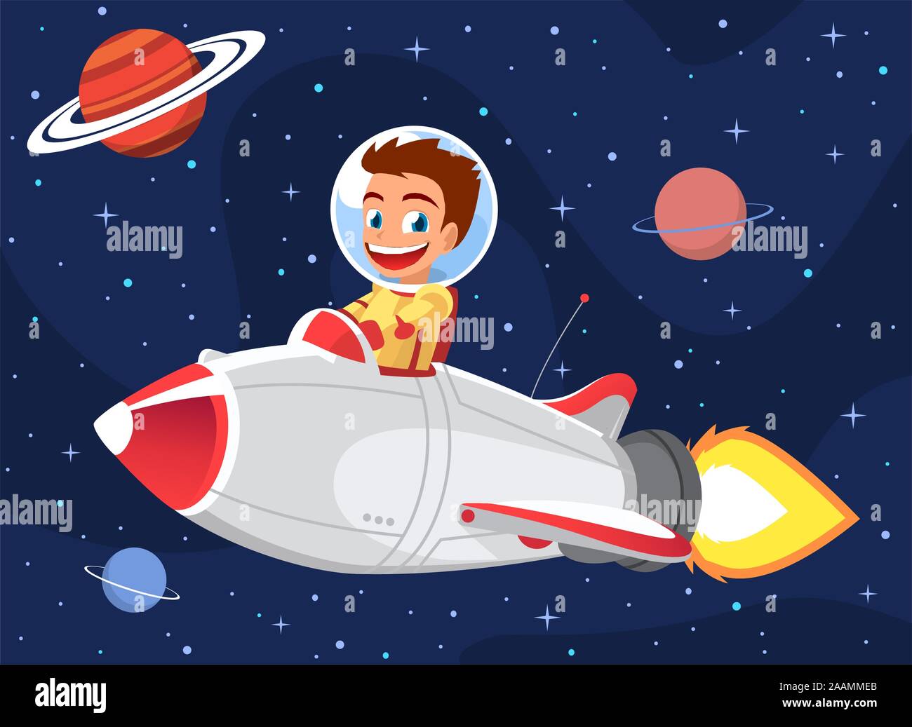 Space boy driving an space rocket Stock Vector