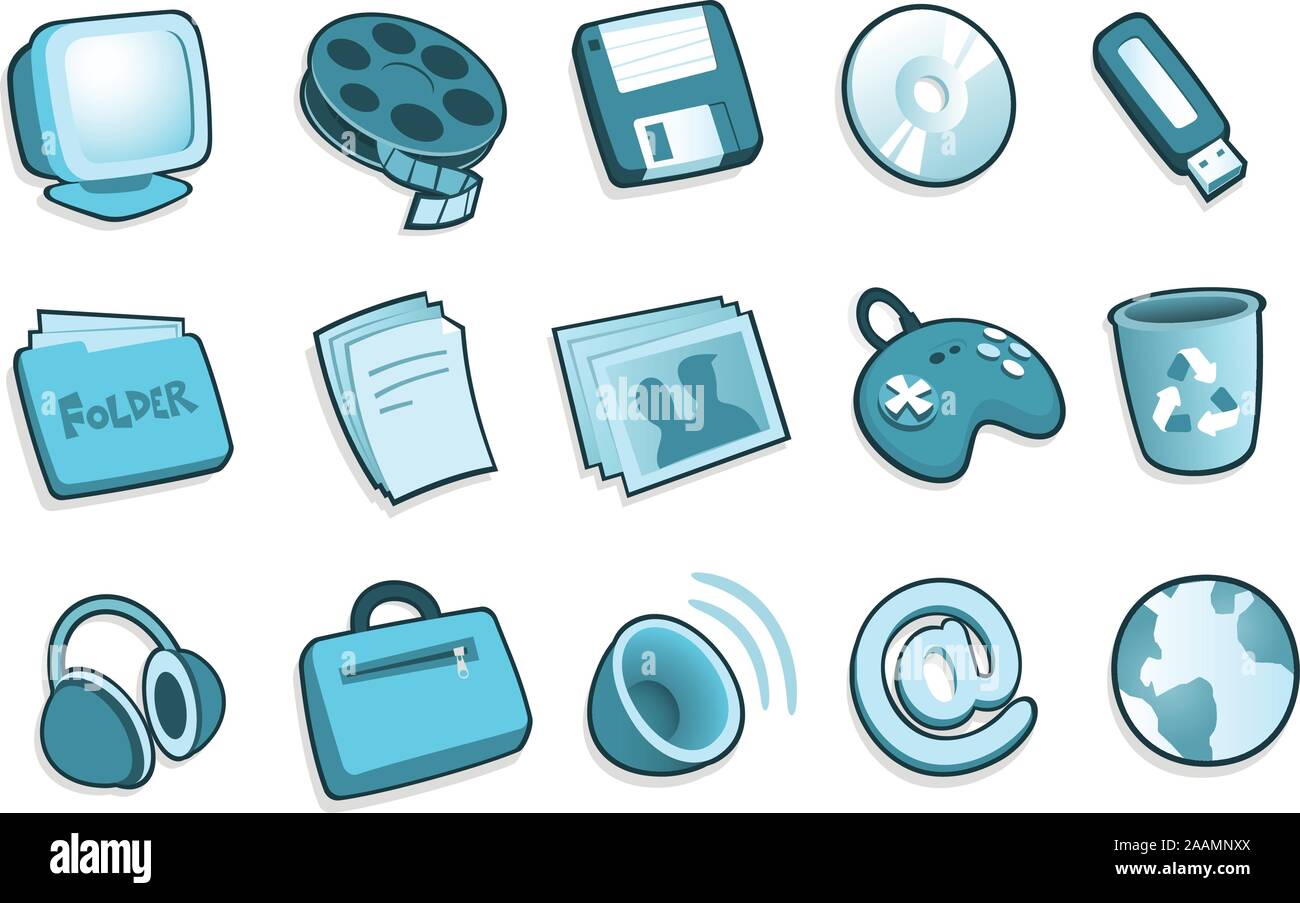PC system icons, with Screen Tv, Screener, Movie, Diskette, DVD, CD,  CD-Room, Pen drive, Headphones, joystick, cup, pictures, cards, envelope  Stock Vector Image & Art - Alamy