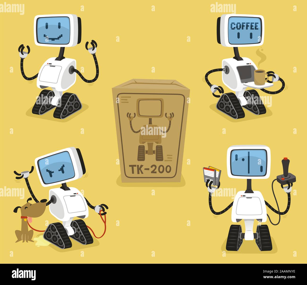 Robot Set with happy coffee angry playing robots vector illustration. Stock Vector