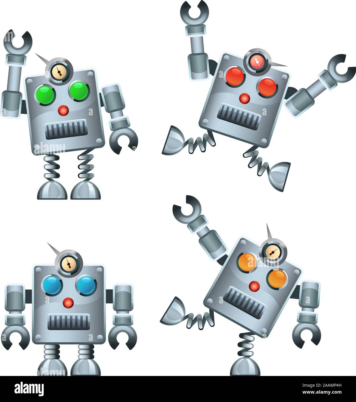 Retro Silver Robot Set vector illustration. Stock Vector