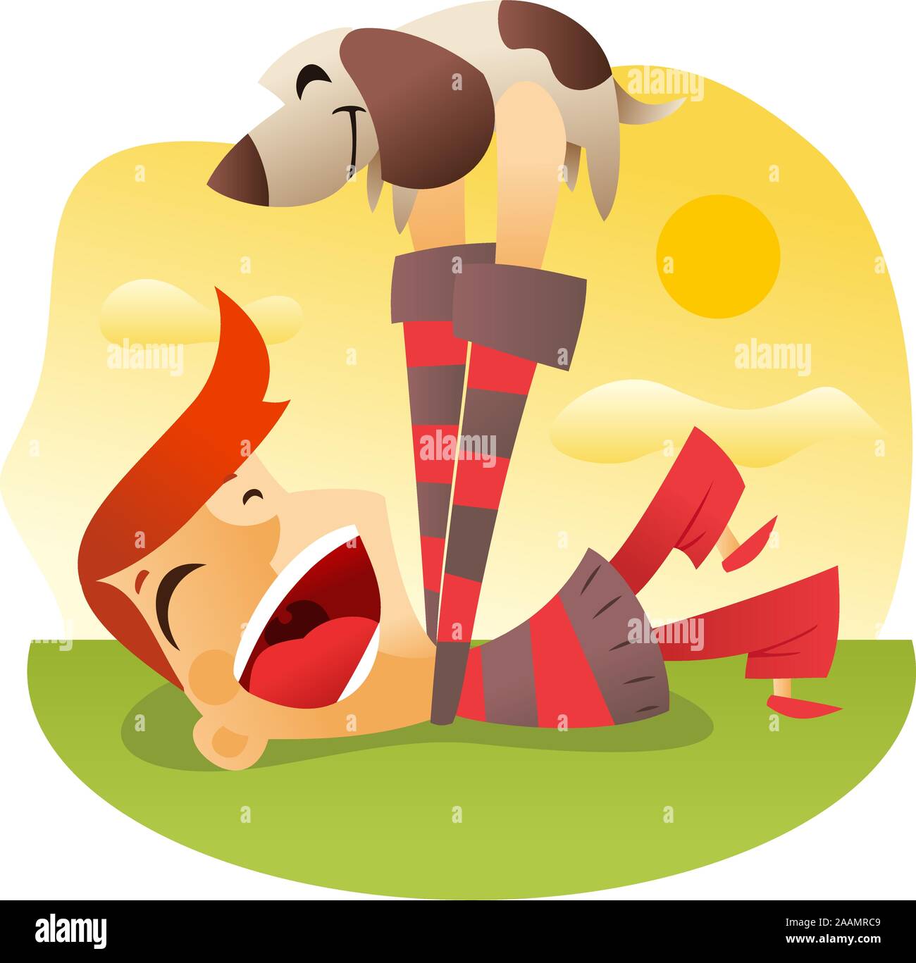 Boy playing with puppy dog doggy. Stock Vector