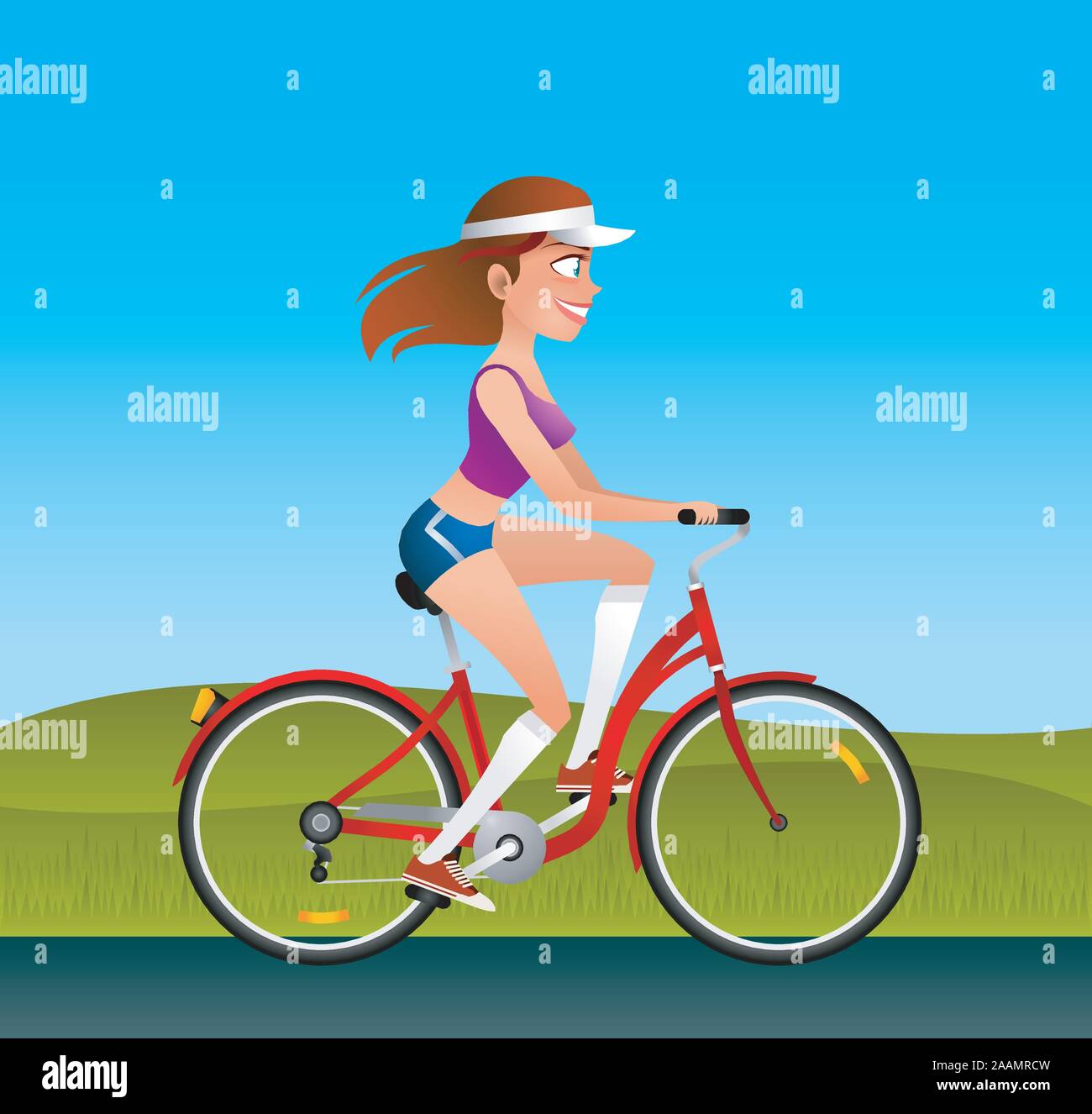 girl riding a bicycle can bu used separatelly from background Stock Vector