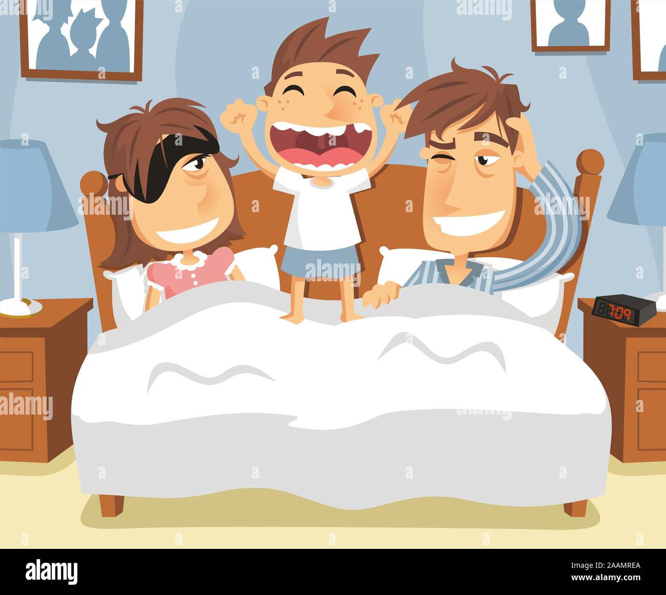 little boy waking up mom and dad much too early. Stock Vector