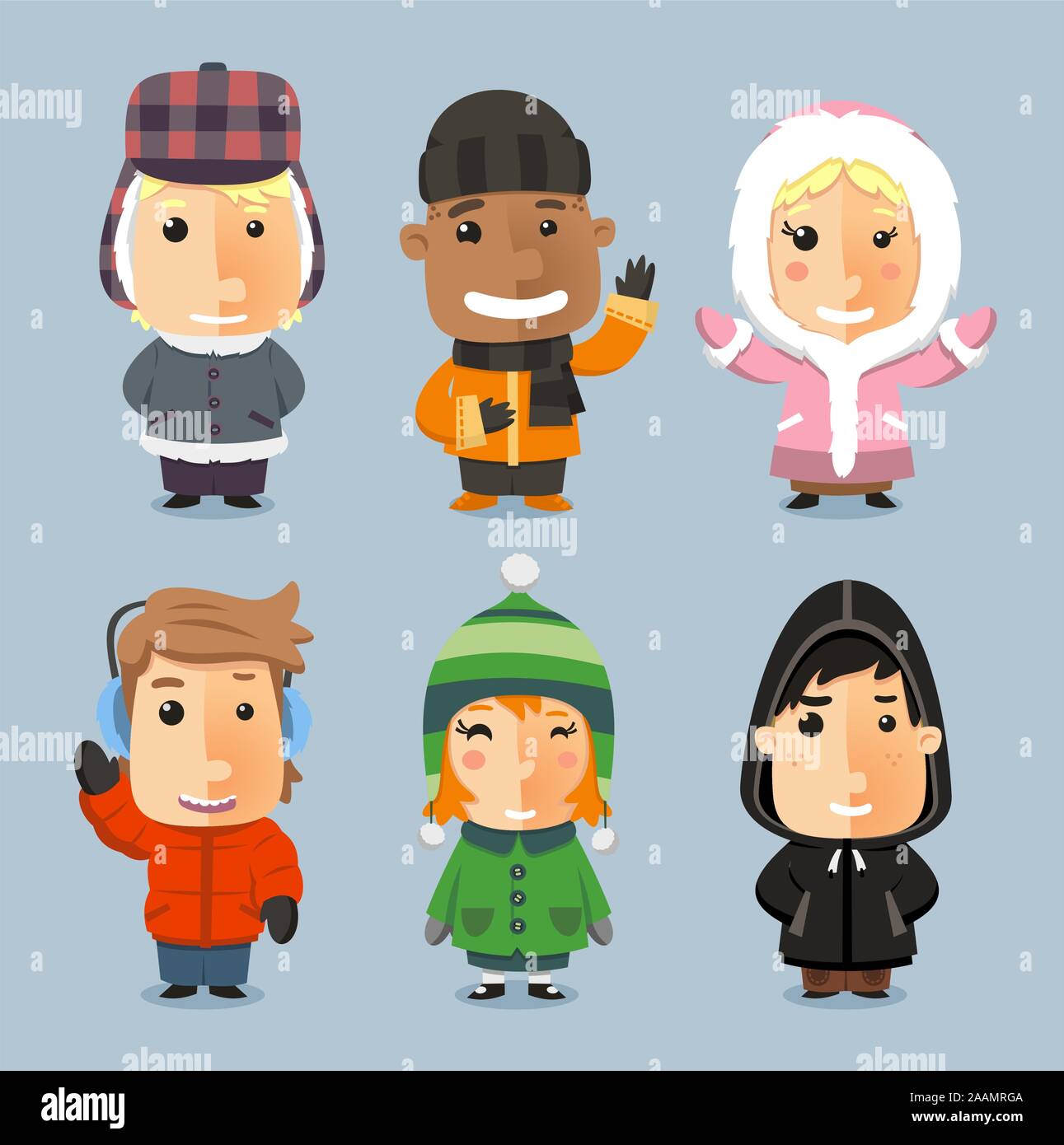 Kids wrapped up with Winter Cloth Sheltered, with mad bomber, beanie hat, boot, pants, knit hat, Stock Vector