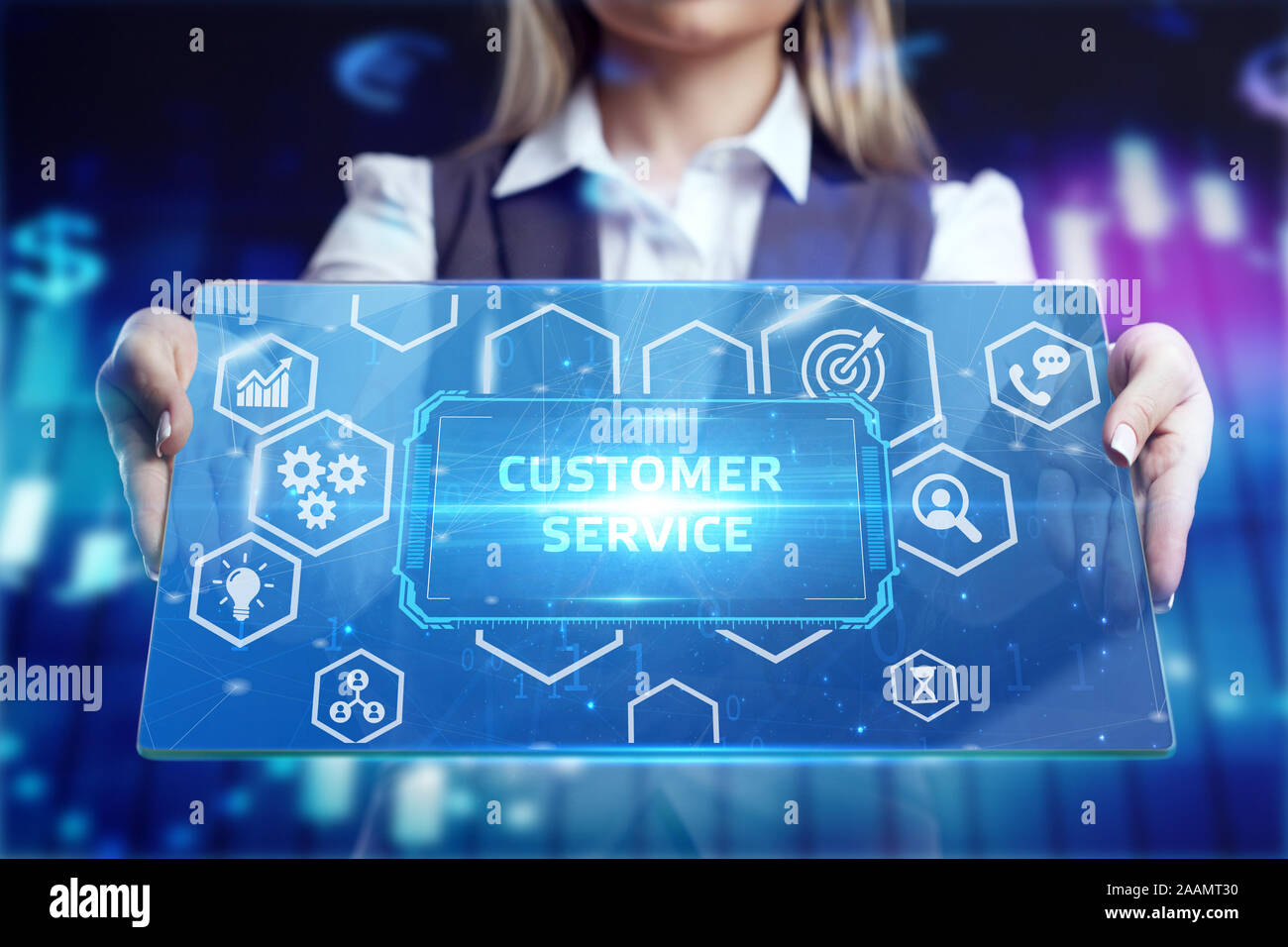 Business, Technology, Internet and network concept. Businessman working on the tablet of the future, select on the virtual display: customer service Stock Photo