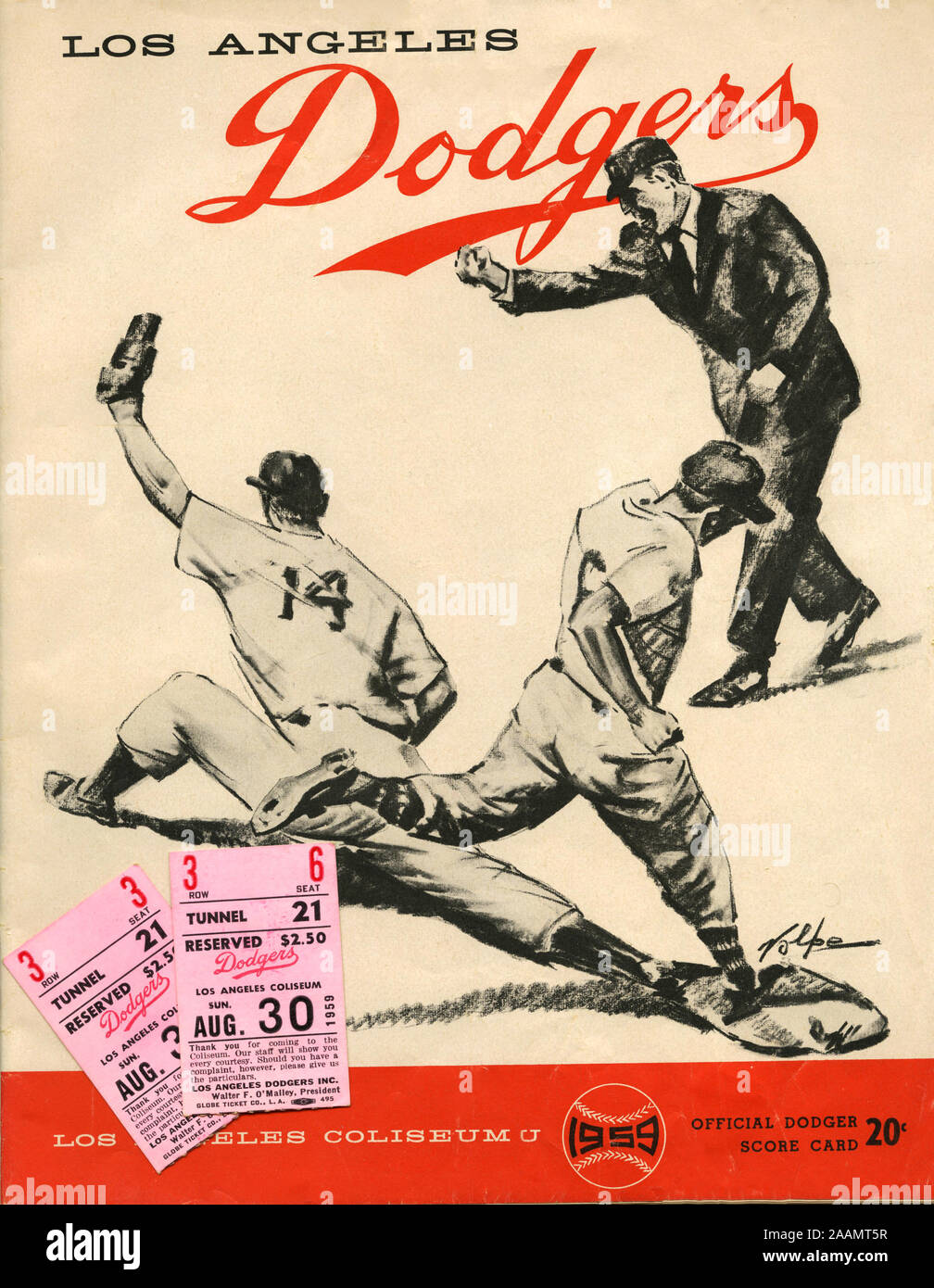 A 1959 souvenir program and tickets for a Los Angeles Dodgers game