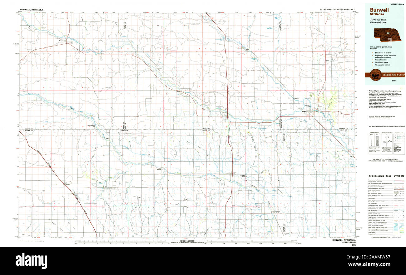 USGS TOPO Map Nebraska NE Burwell 317709 1985 100000 Restoration Stock Photo
