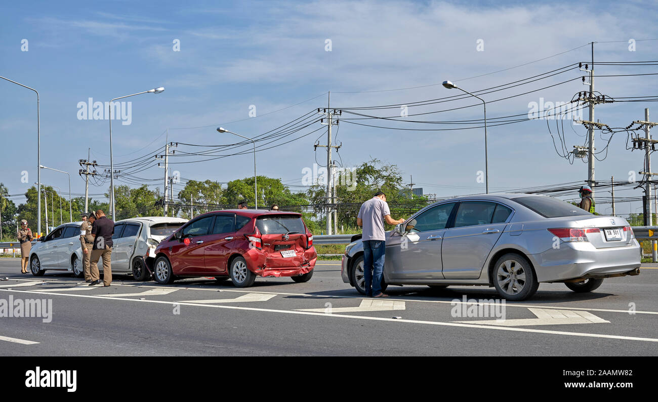 Car accident, Vehicle collision, Multi car collision, Thailand, Southeast Asia Stock Photo