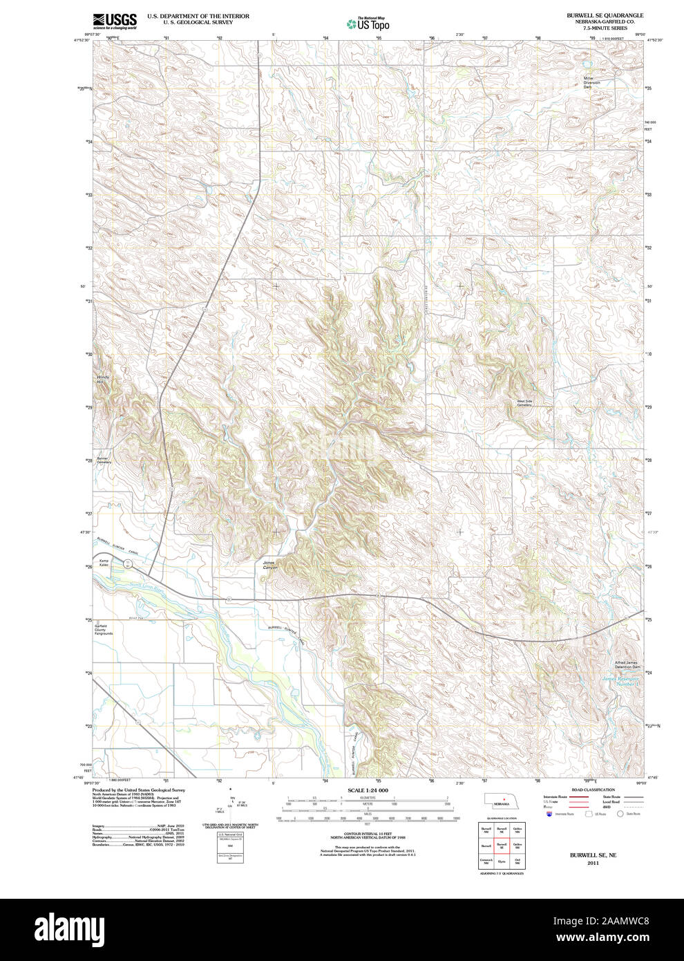 USGS TOPO Map Nebraska NE Burwell SE 20111108 TM Restoration Stock Photo