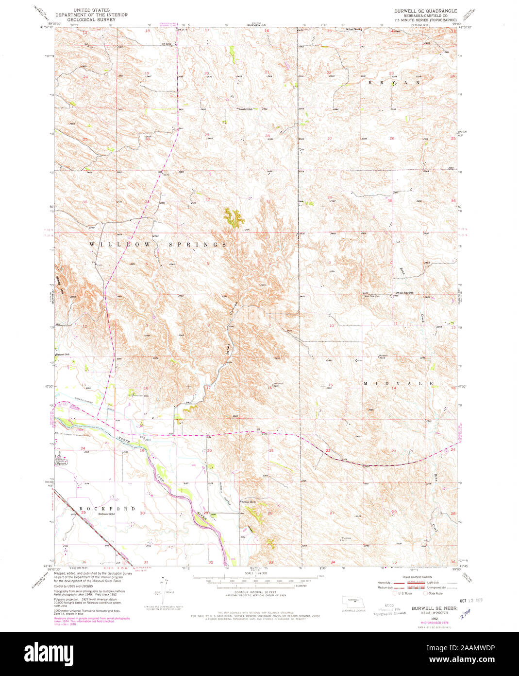 USGS TOPO Map Nebraska NE Burwell SE 315944 1952 24000 Restoration Stock Photo