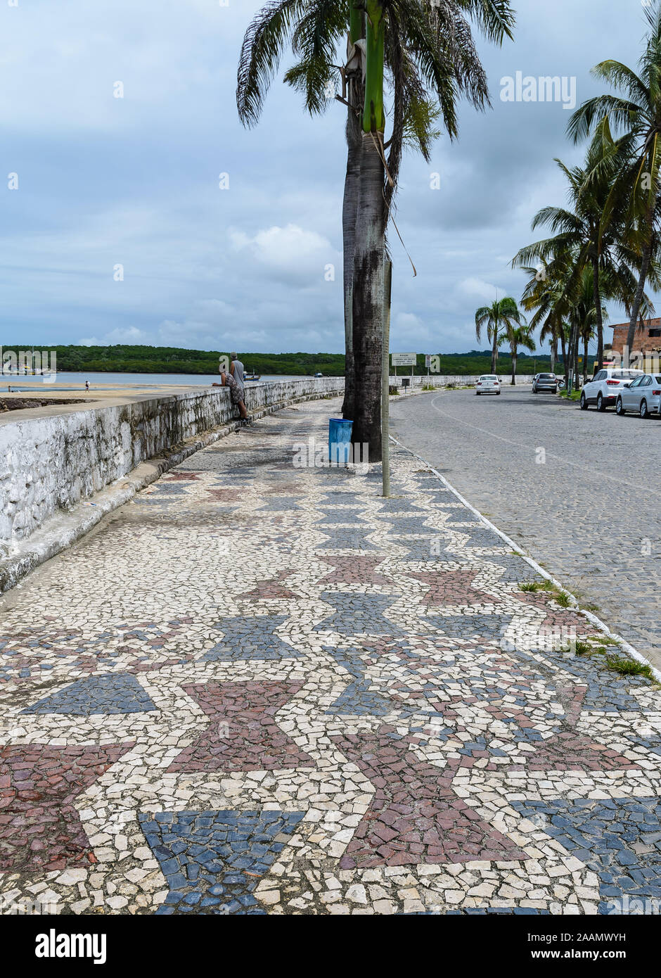 Beautiful mosaic side walk under palm trees in the port city Porto Seguro, Bahia,  Brazil, South America. Stock Photo