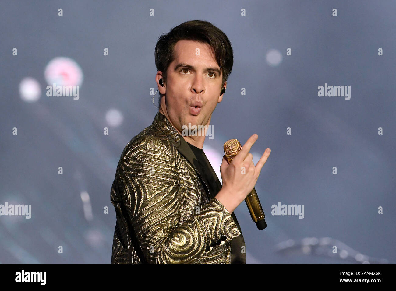 Rio de Janeiro, Brazil, October 3, 2019. Lead singer Brendon Urie of Panic! At The Disco, during a concert at Rock in Rio 2019 in the city of Rio. Stock Photo