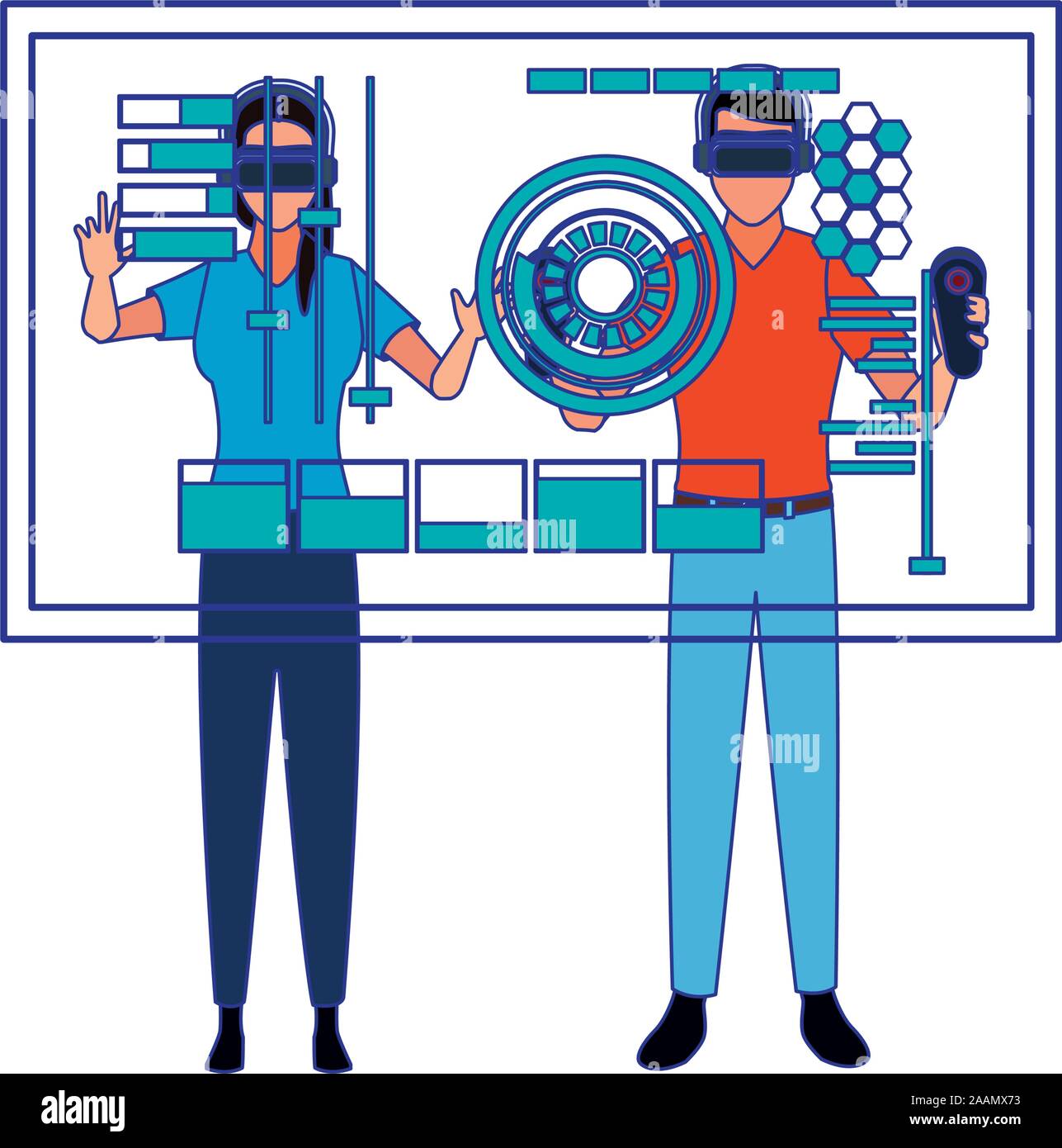 man and woman using technology of augmented reality Stock Vector