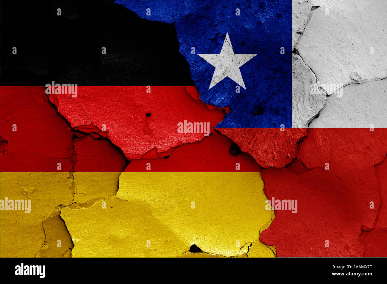 flags of Germany and Chile painted on cracked wall Stock Photo