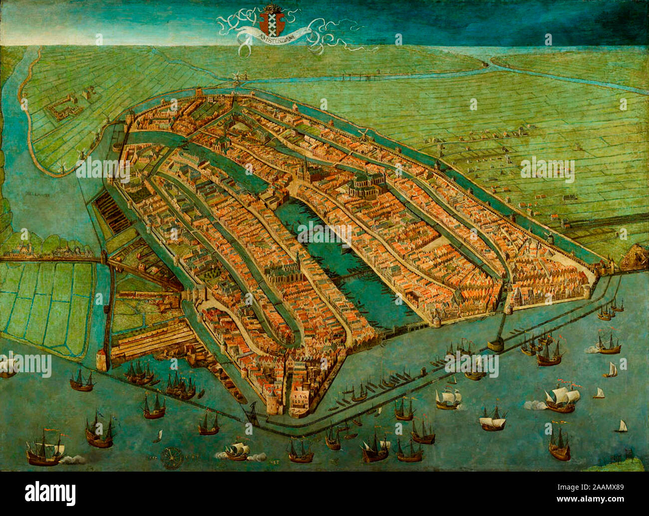 Bird’s-eye View of Amsterdam - Oldest surviving map of Amsterdam, showing the city's finished medieval walls, towers and gates. Like in most old maps of Amsterdam the city is shown from the IJ, so that the view is directed to the south rather than the north - Cornelis Anthonisz, circa 1538 Stock Photo