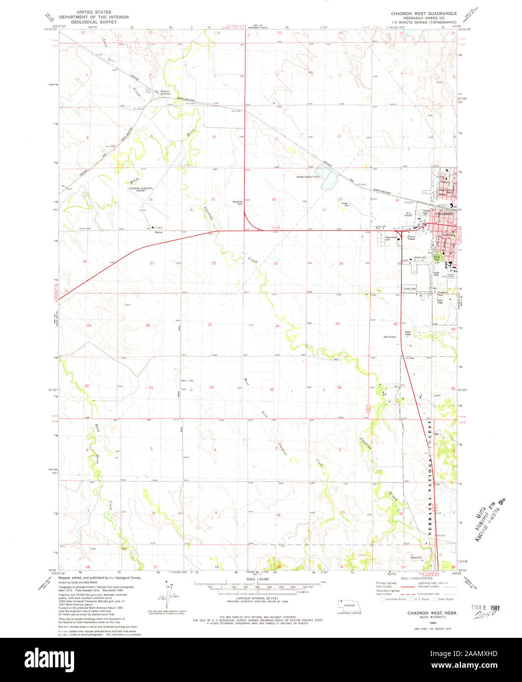 USGS TOPO Map Nebraska NE Chadron West 316006 1980 24000 Restoration Stock Photo