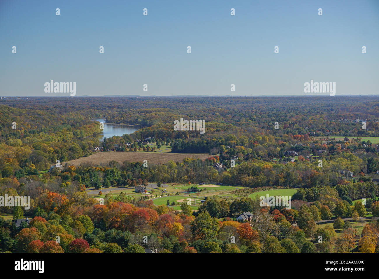 Washington Crossing, PA: View of the Delaware River and Pennsylvania countryside from Bowman's Hill Tower in Washington Crossing Historic Park. Stock Photo