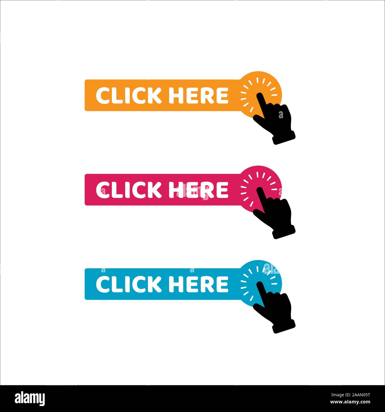click here button vector. symbol of hand pointer clicking click here logo icon. web banner page site content element graphic design Stock Vector