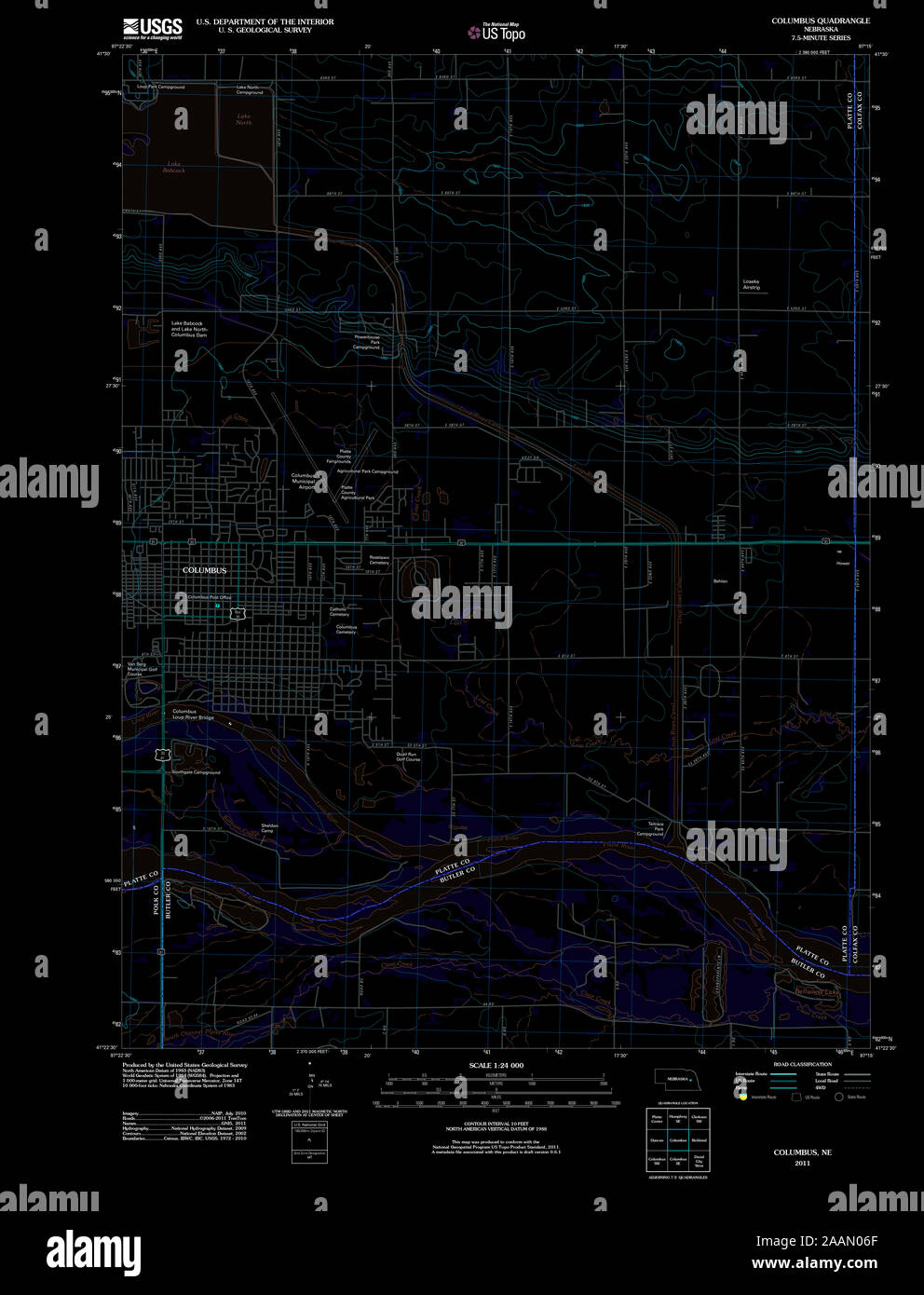 USGS TOPO Map Nebraska NE Columbus 20111107 TM Inverted Restoration Stock Photo