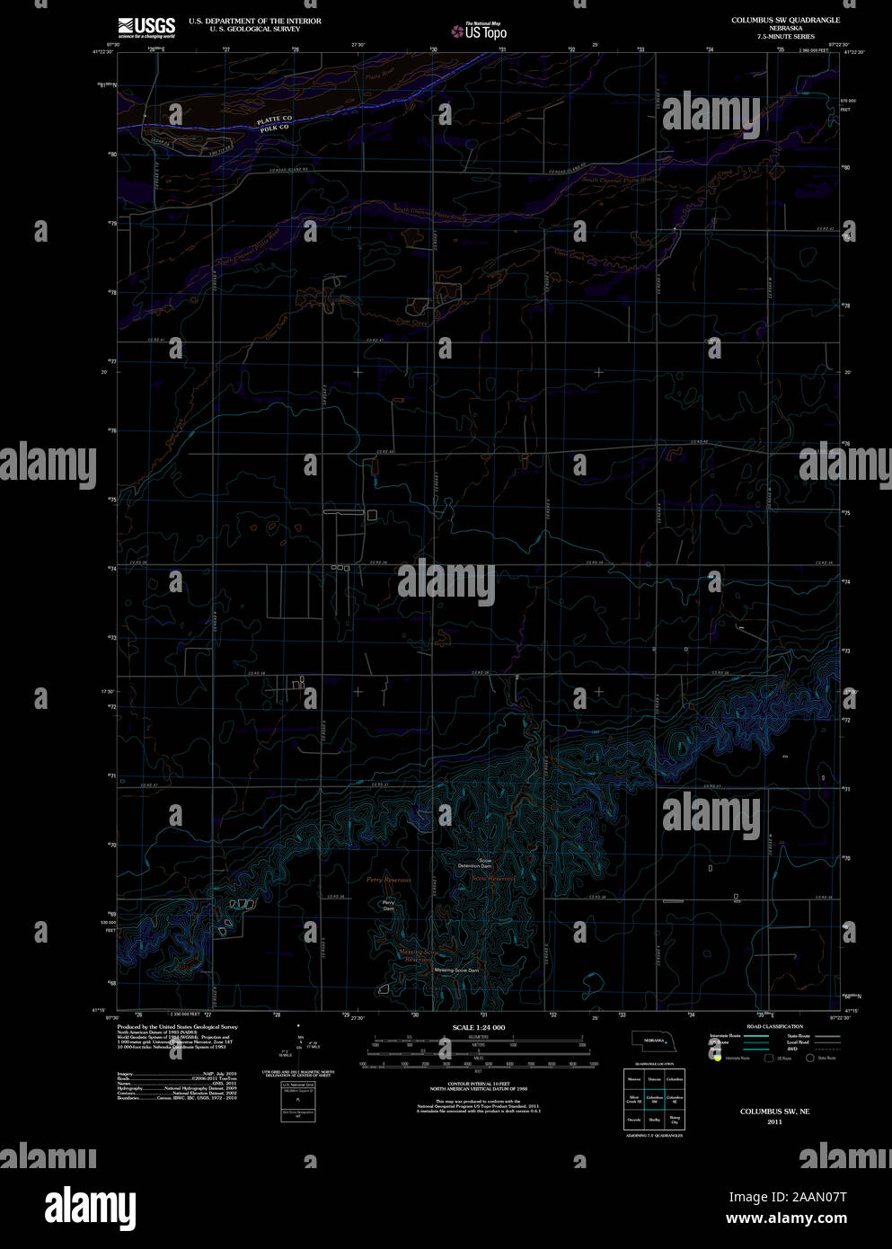 USGS TOPO Map Nebraska NE Columbus SW 20111107 TM Inverted Restoration Stock Photo