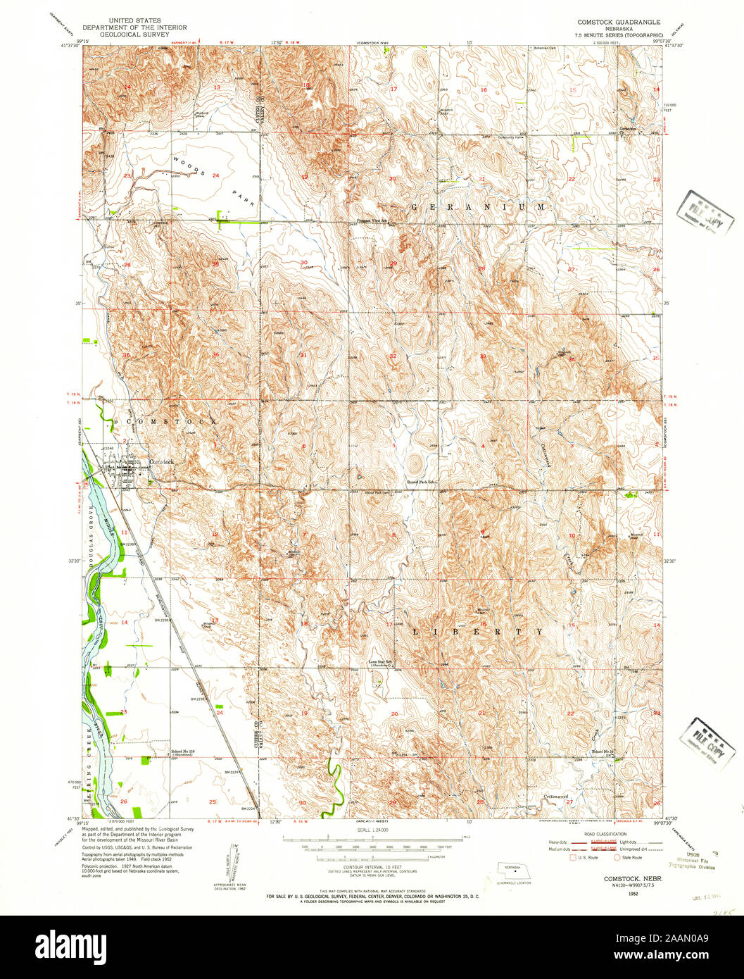 USGS TOPO Map Nebraska NE Comstock 316071 1952 24000 Restoration Stock Photo