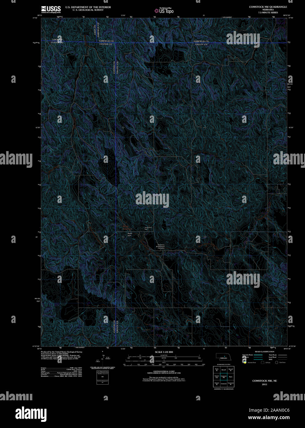 USGS TOPO Map Nebraska NE Comstock NW 20111021 TM Inverted Restoration Stock Photo