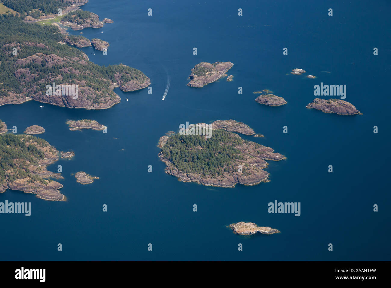 Aerial Landscape View of Rabbit Island near Texada Island in the Strait of Georgia during a sunny summer morning. Stock Photo