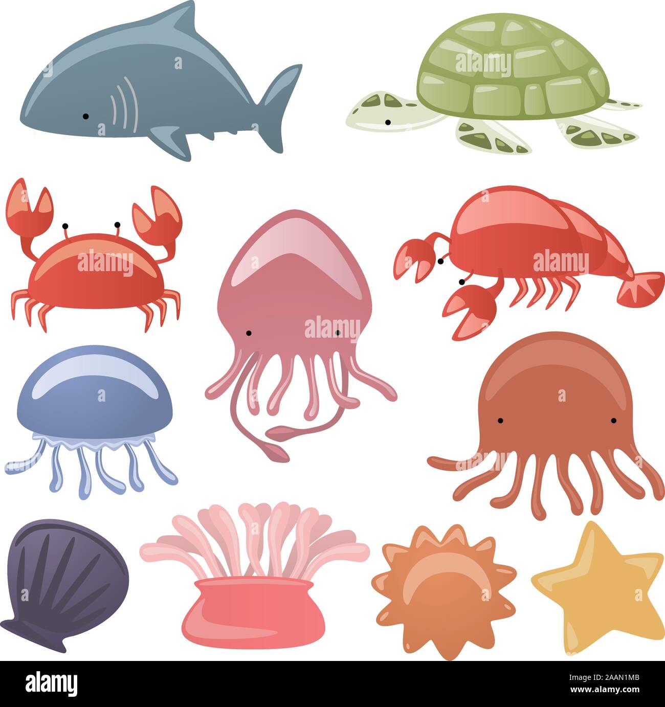 Various Sea life Animals shark, Turtle, scrub, octopus, oyster, dragonfly, shell, lobster, starfish vector illustration. Stock Vector