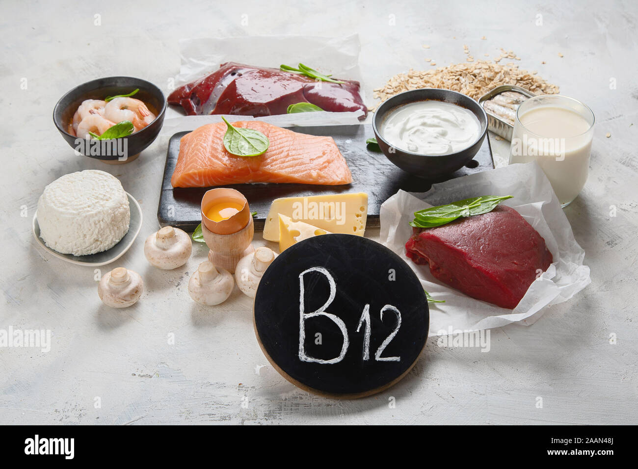 Natural sources of Vitamin B12 (Cobalamin) for normalization of sleep;  ensuring normal brain function; supporting the respiratory system;  alzheimer' Stock Photo