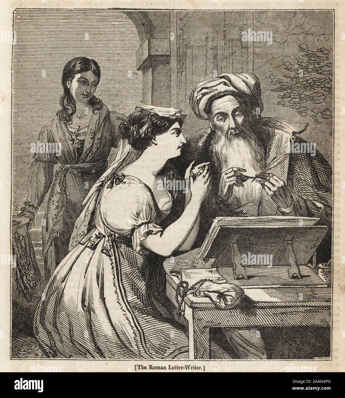Woman dictating a letter to a scribe in Rome, 1833. The Roman letter-writer. Woodblock engraving by J. Jackson from The Penny Magazine, of the Society for the Diffusion of Useful Knowledge, printed by William Clowes, Lambeth, 1833. Stock Photo