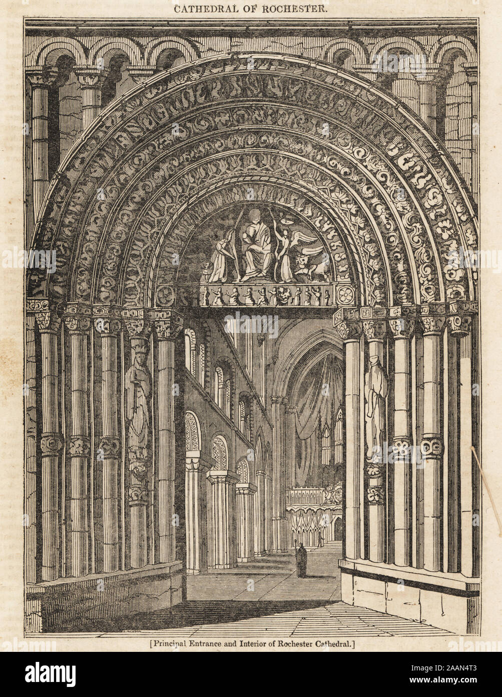 Principal entrance and interior of Rochester Cathedral, Kent. Stonework of the Great West Door, unaltered since the time of Ernulf, 12th century. Woodblock engraving from The Penny Magazine, of the Society for the Diffusion of Useful Knowledge, printed by William Clowes, Lambeth, 1833. Stock Photo